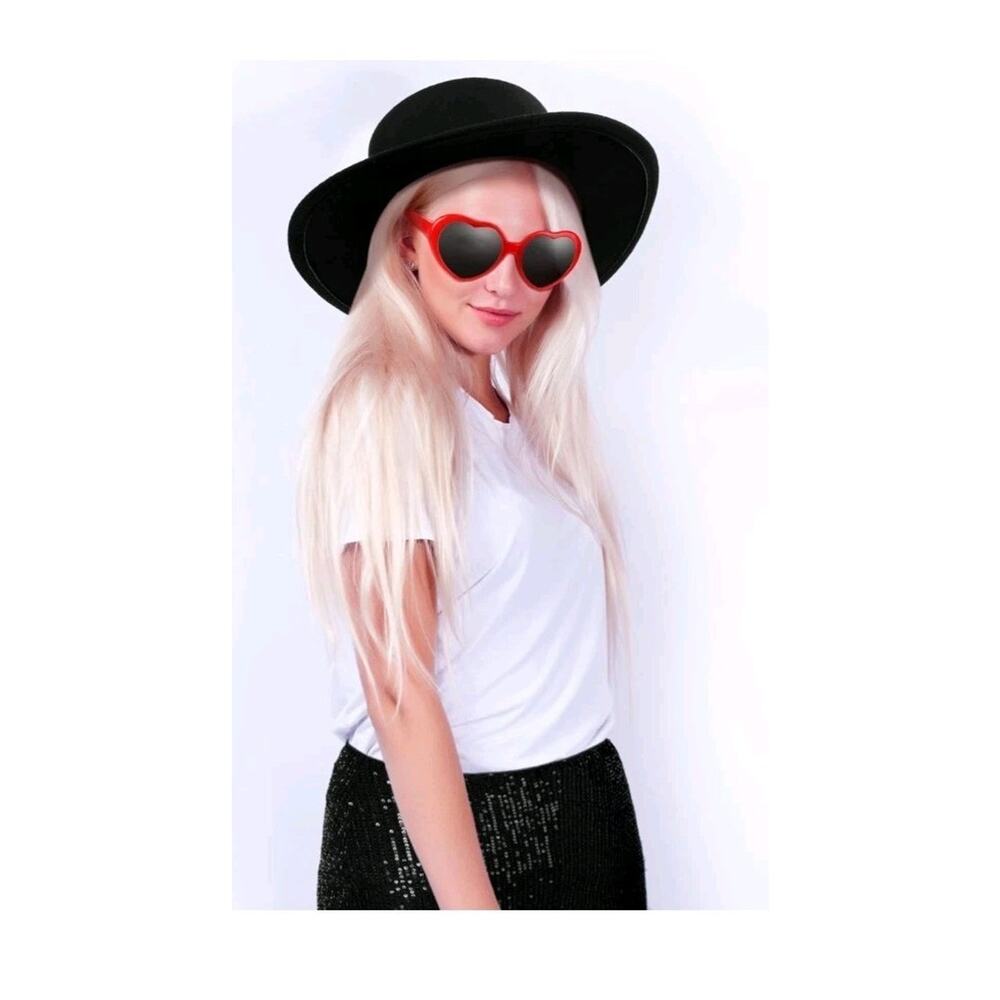 Riceshoot 3 Pcs Halloween Singer Costume Black Bowler Hat Heart Sunglasses Sz M - Picture 6 of 7